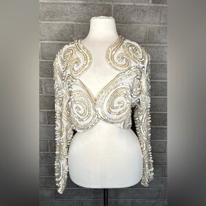 Vintage George Couture Beaded Sequin Cropped Jacket Cream Gold Size 6
